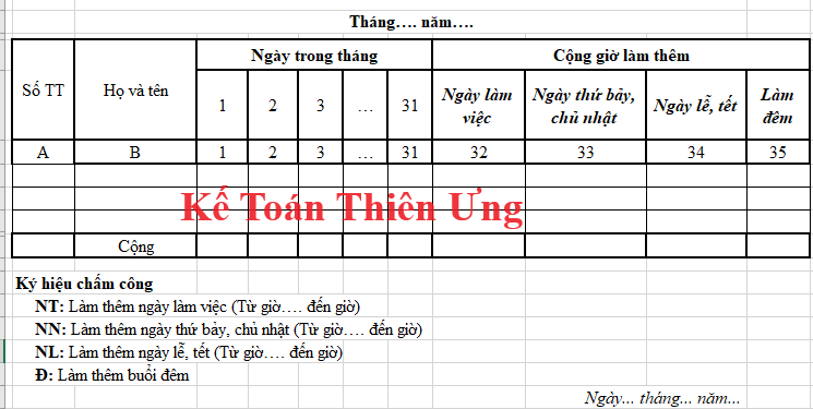 Mẫu bảng chấm công làm thêm giờ excel 2025 mới nhất