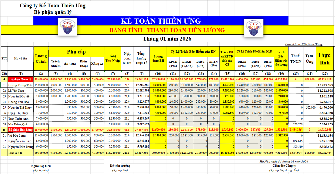 Mẫu bảng thanh toán tiền lương trên Excel