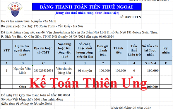 Mẫu Bảng thanh toán tiền thuê ngoài theo Thông tư 133 và 200