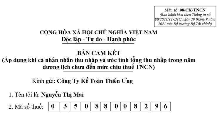 Mẫu cam kết thu nhập 08/CK-TNCN mới nhất năm 2025
