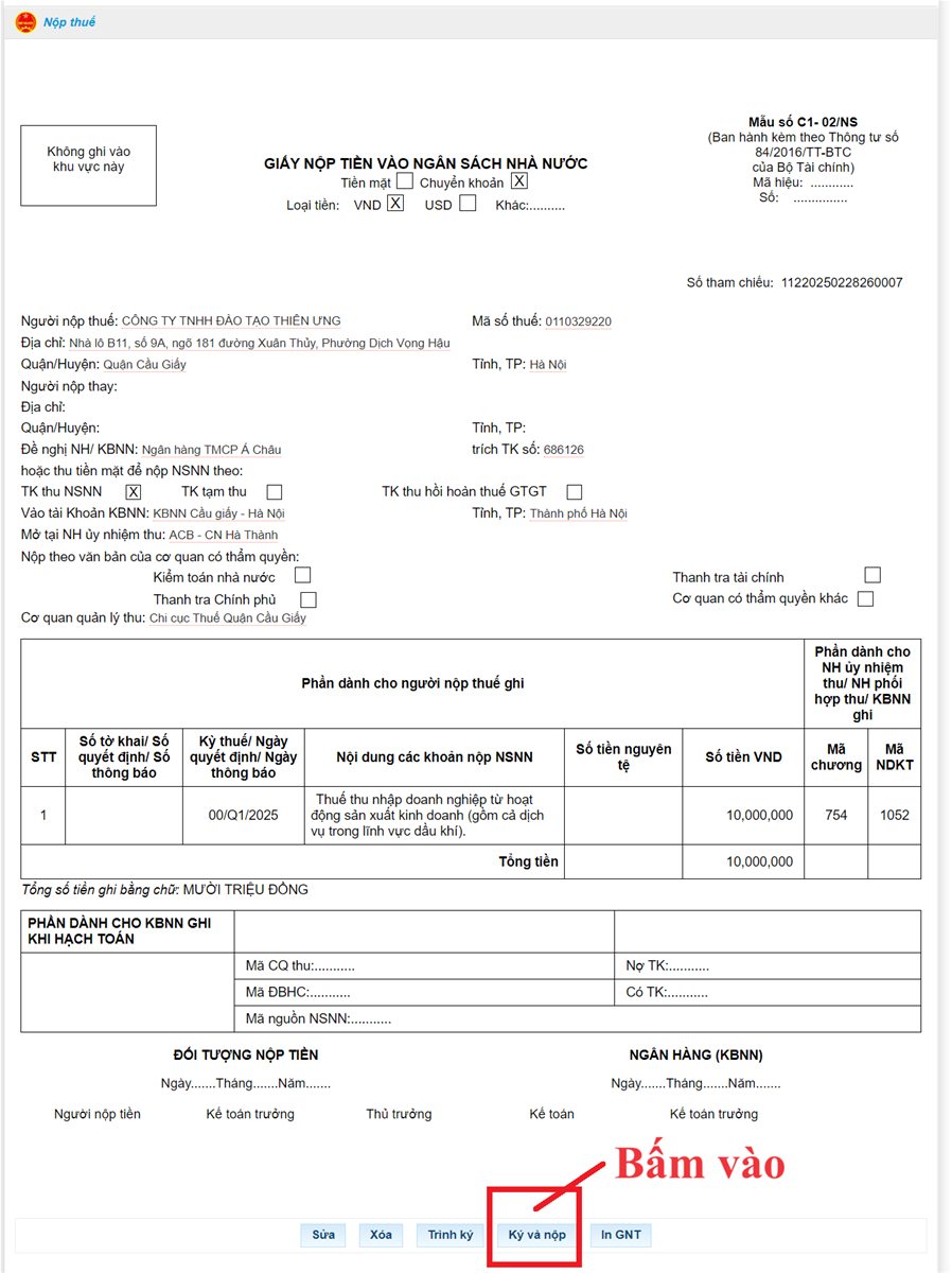 Mẫu giấy nộp tiền thuế TNDN tạm tính quý