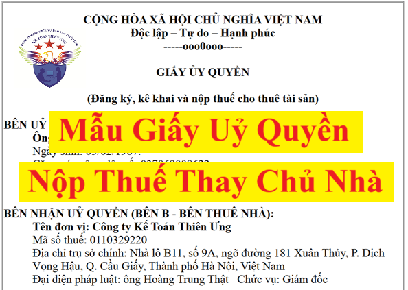 Mẫu giấy ủy quyền nộp thuế thay chủ nhà