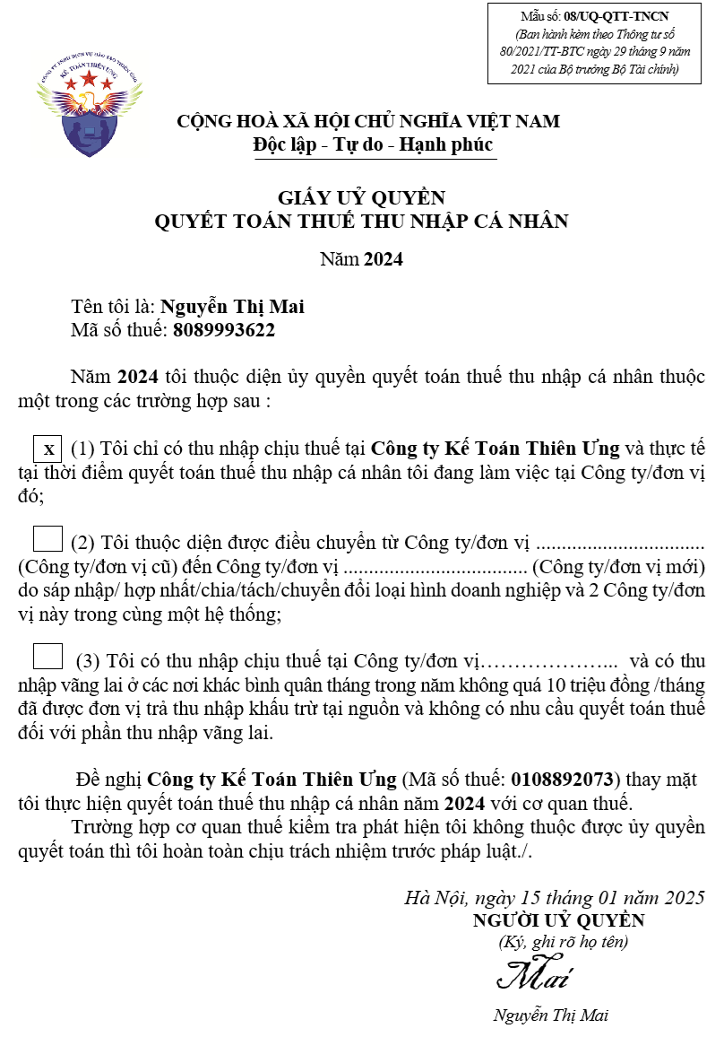 Mẫu giấy ủy quyền quyết toán thuế TNCN năm 2025 mới nhất