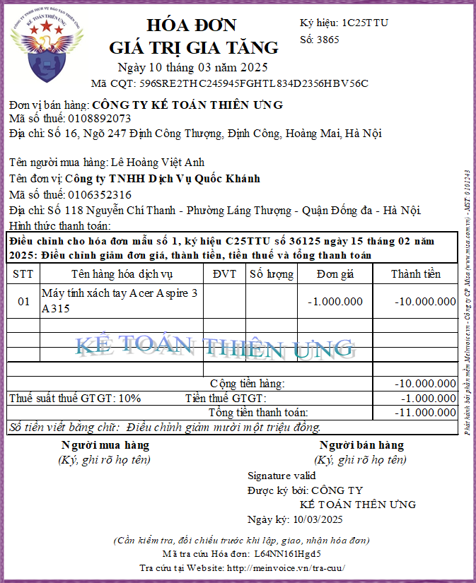 Mẫu hóa đơn điều chỉnh giảm