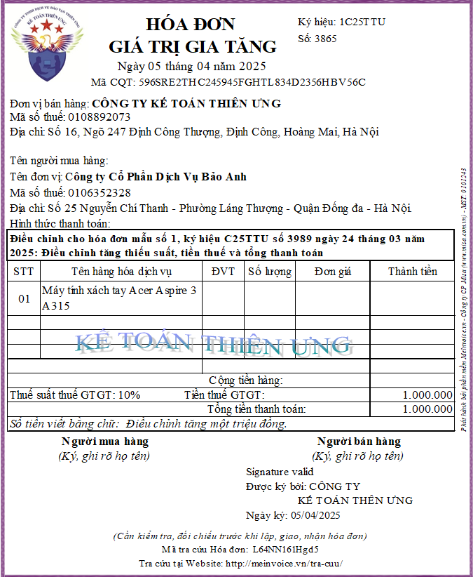 Mẫu hóa đơn điều chỉnh tăng Mẫu hóa đơn điều chỉnh tăng