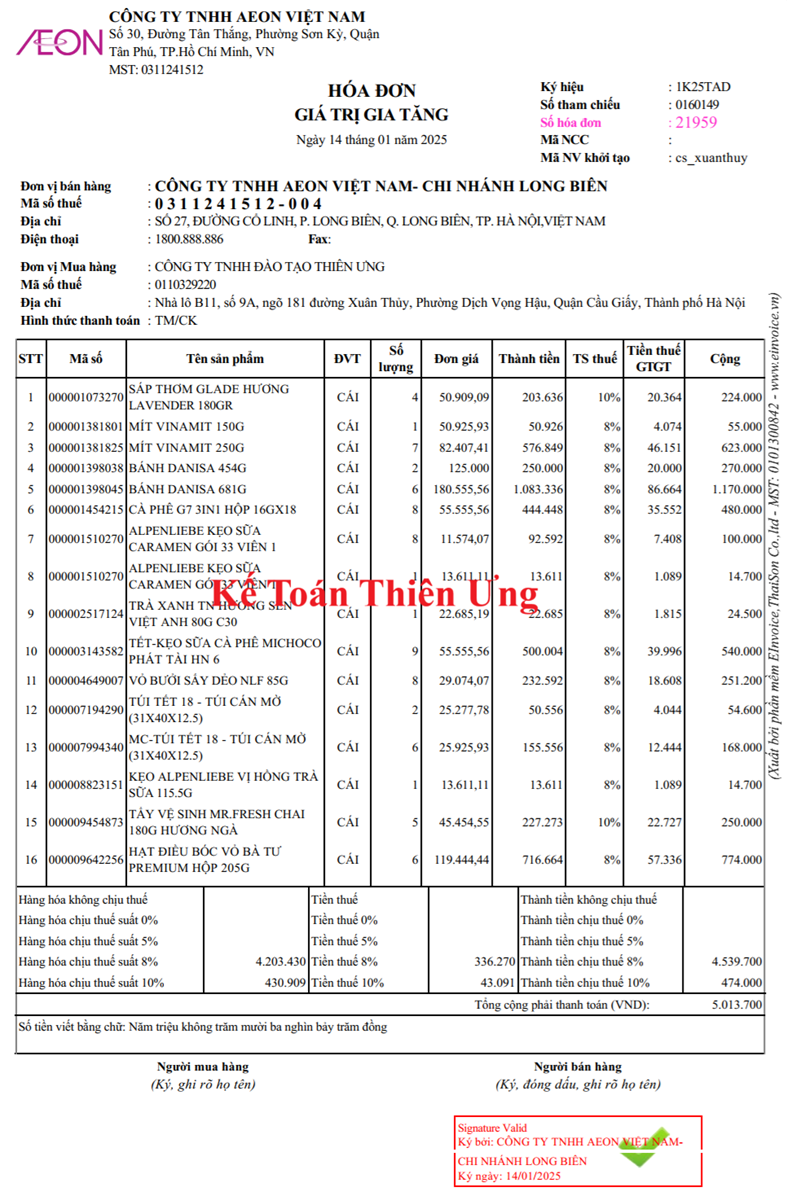 Mẫu hóa đơn điện tử có nhiều thuế suất