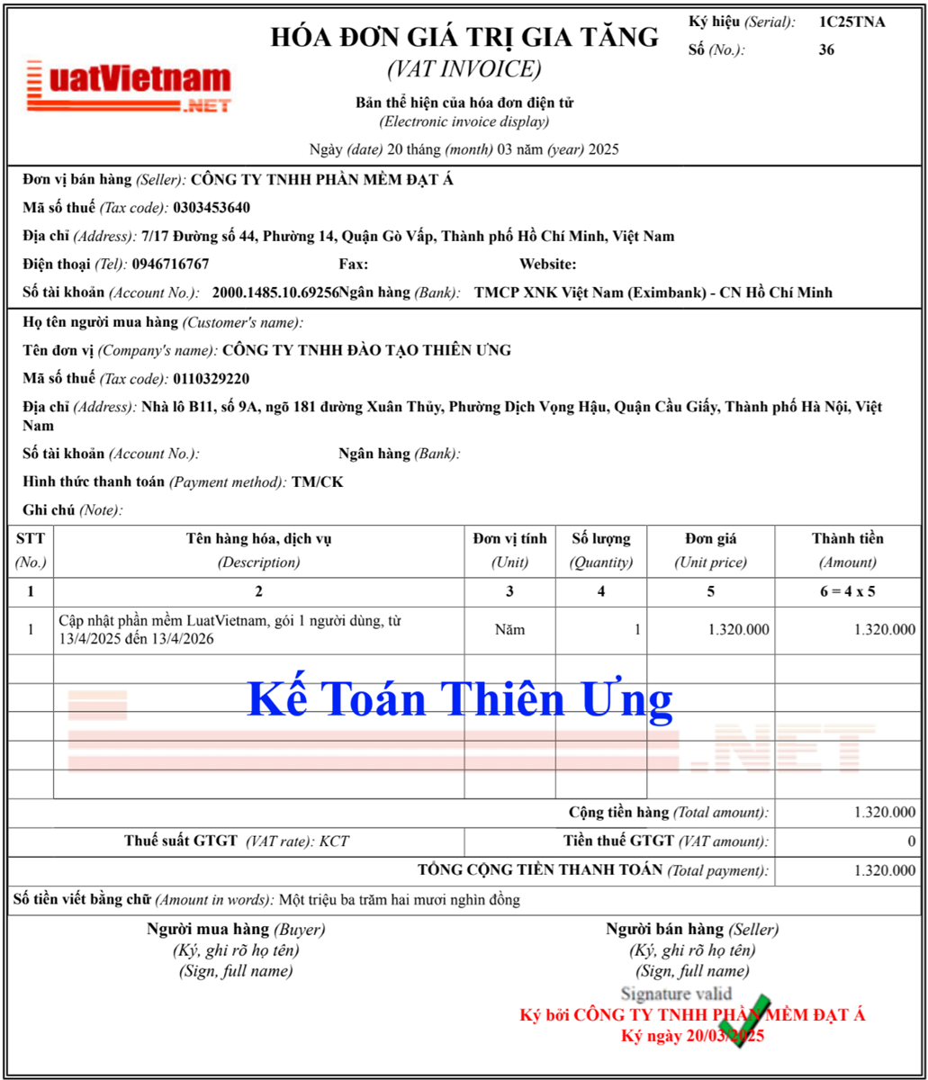 Mẫu hóa đơn điện tử không chịu thuế GTGT