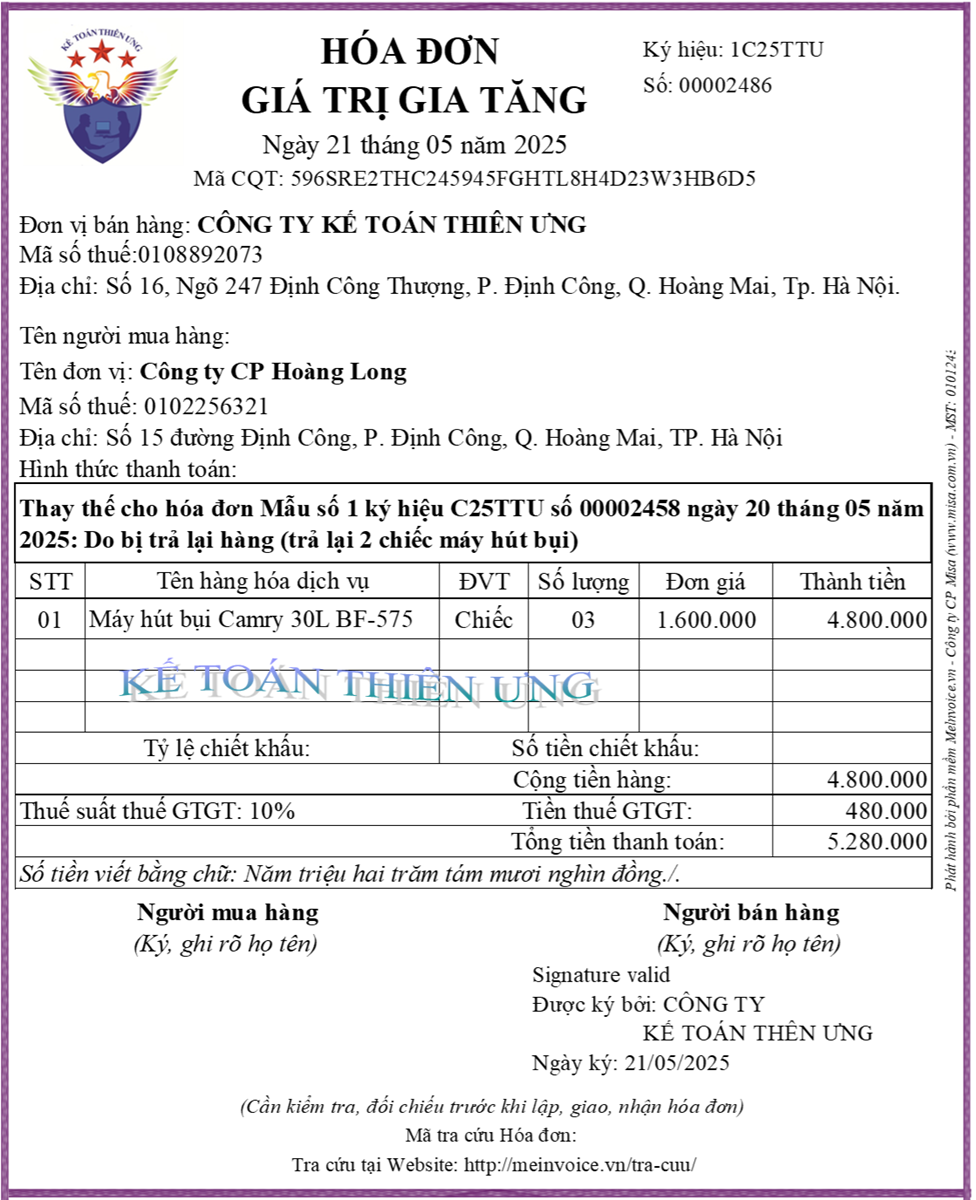 Mẫu hóa đơn hàng bán bị trả lại