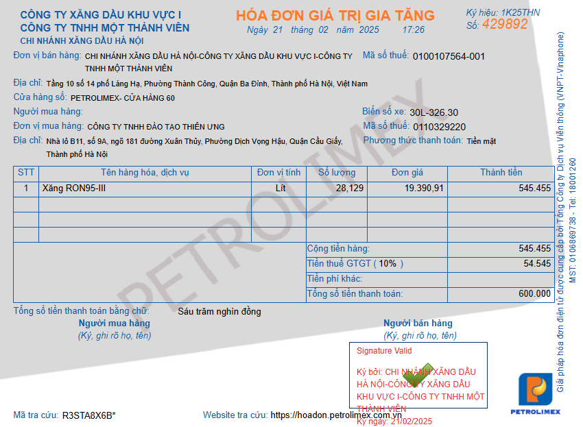 Mẫu hóa đơn xăng dầu petrolimex