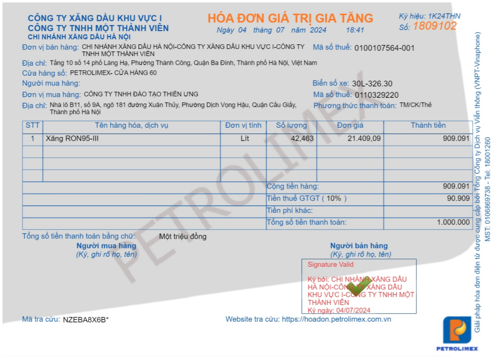 Mẫu hóa đơn xăng dầu