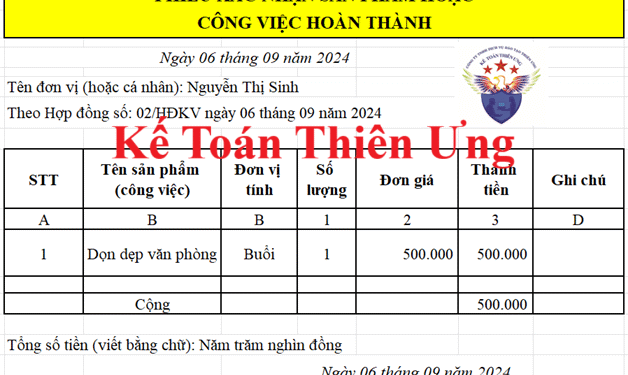 Mẫu Phiếu xác nhận sản phẩm, công việc hoàn thành theo TT 133, 200
