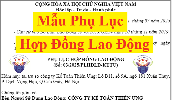 Mẫu phụ lục hợp đồng lao động