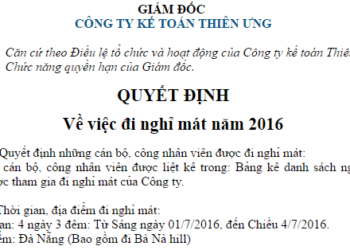 Mẫu quyết định của giám đốc về việc đi nghỉ mát
