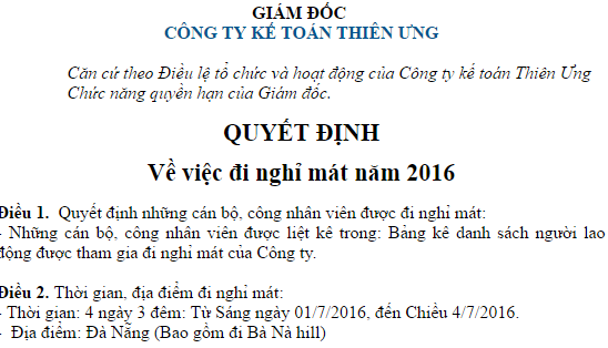 Mẫu quyết định của giám đốc về việc đi nghỉ mát