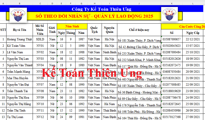 Mẫu sổ quản lý lao động trên Excel