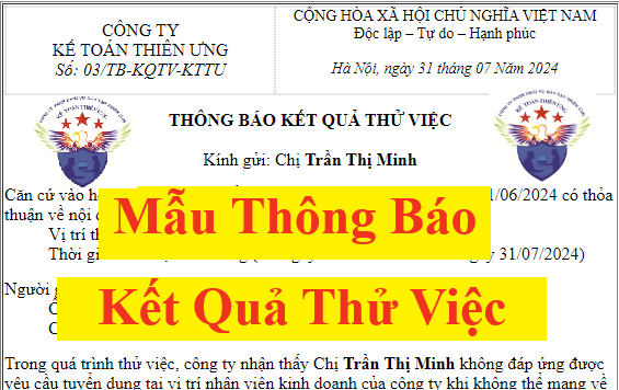 Mẫu thông báo kết quả thử việc đạt hoặc không đạt yêu cầu tuyển dụng