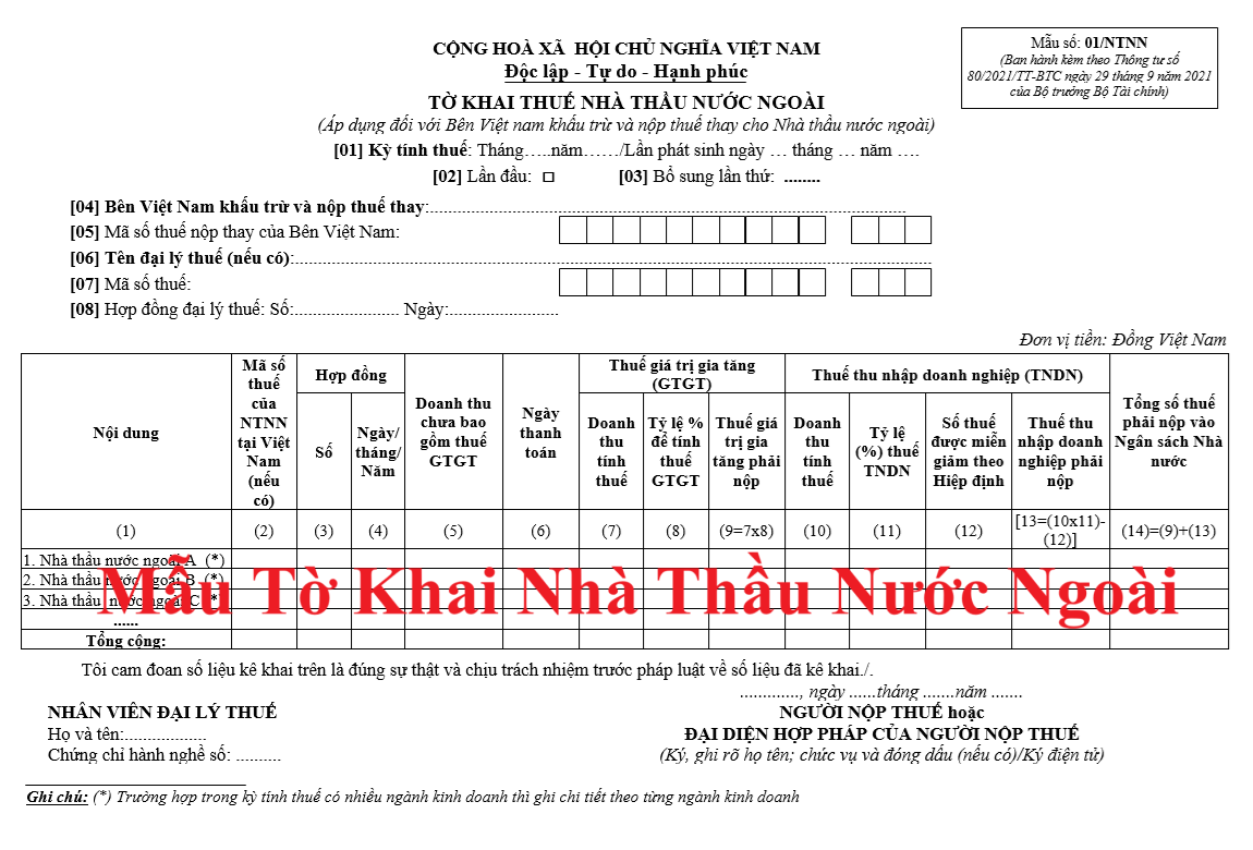 Mẫu Tờ khai thuế nhà thầu nước ngoài mẫu 01/NTNN theo TT80 Mẫu Tờ khai thuế nhà thầu nước ngoài mẫu 01/NTNN theo TT80