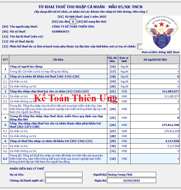 Mẫu tờ khai thuế TNCN 05/KK-TNCN trên HTKK Mẫu tờ khai thuế TNCN 05/KK-TNCN trên HTKK