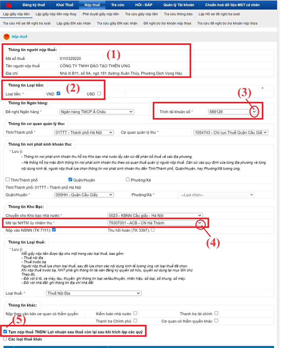 Lập giấy nộp tiền thuế TNDN tạm tính quý