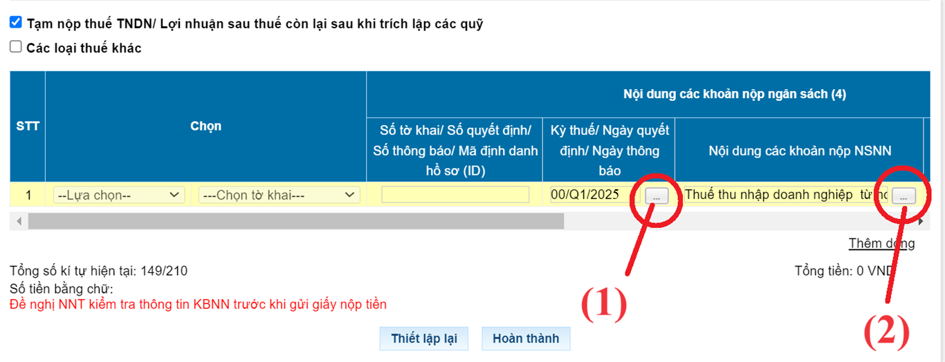 Chọn nội dung nộp thuế TNDN tạm tính quý