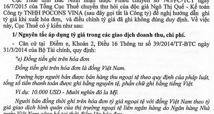 Tỷ giá ghi trên hóa đơn GTGT năm 2016 theo TT 26