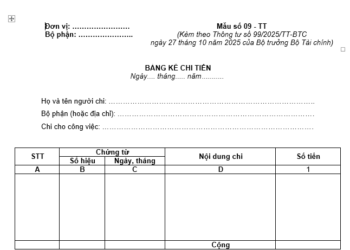 Mẫu Bảng kê chi tiền số 09 – TT theo Thông tư 99