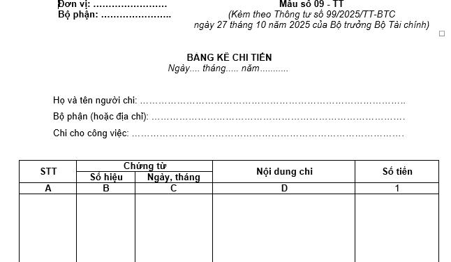 Mẫu Bảng kê chi tiền số 09 – TT theo Thông tư 99