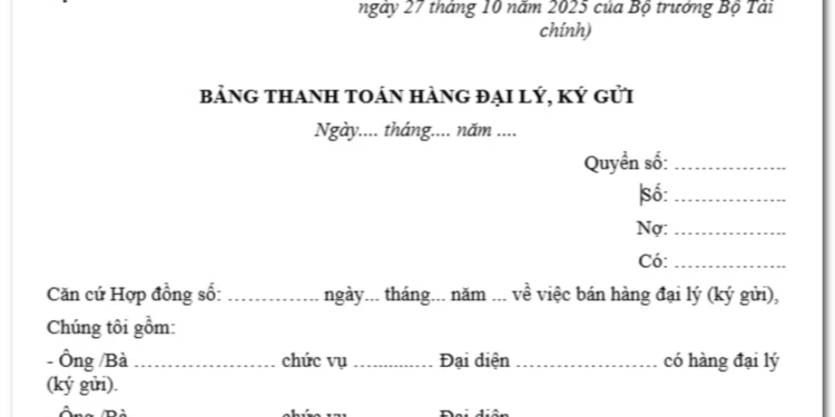 Mẫu bảng thanh toán hàng đại lý, ký gửi theo Thông tư 99