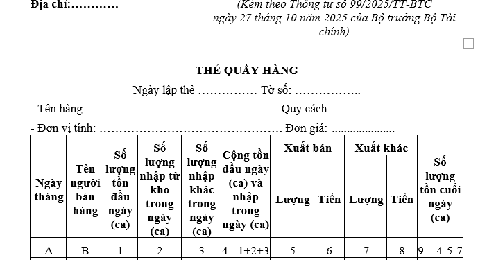 Thẻ quầy hàng – Mẫu số 02-BH theo Thông tư 99
