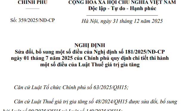 Nghị định 359/2025/NĐ-CP sửa đổi NĐ 181/2025/NĐ-CP về Thuế GTGT