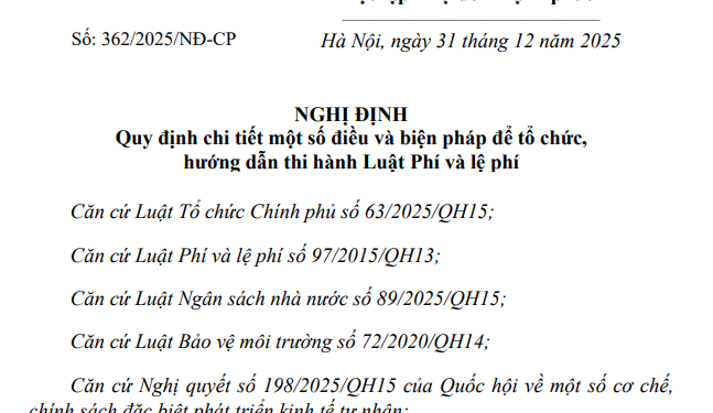 Nghị định 362/2025/NĐ-CP hướng dẫn thi hành Luật Phí và lệ phí