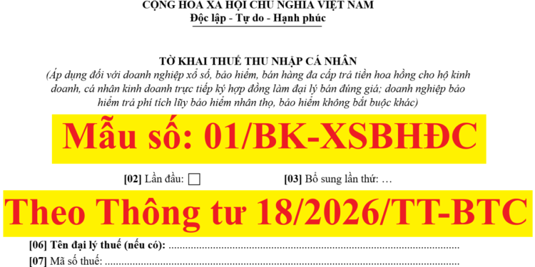 Tờ khai thuế TNCN Mẫu 01/XSBHĐC theo Thông tư 18