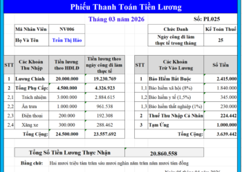 Mẫu phiếu lương cho nhân viên trên Excel 2026 mới nhất