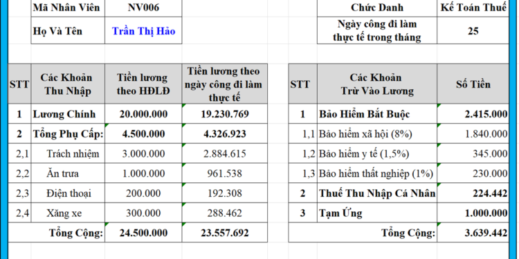 Mẫu phiếu lương cho nhân viên trên Excel 2026 mới nhất